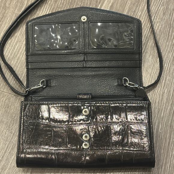 Brighton Vintage Black Croc Embossed Leather Crossbody Bag Heart Lock Charm Luxe - Picture 5 of 11